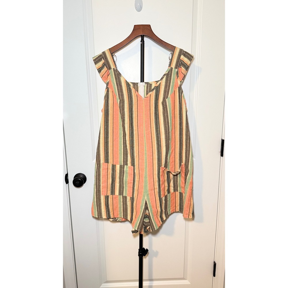 Emery Rose Striped Ruffle Sleeve Romper Orange Green Brown 1XL